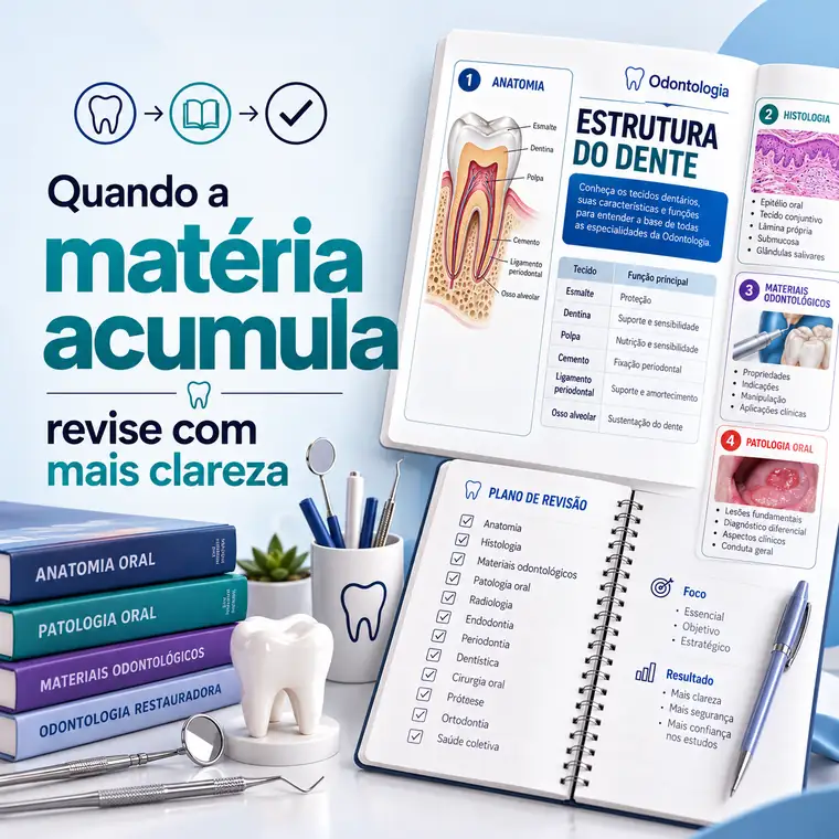 Livros de odontologia, mapa de revisão sobre a estrutura do dente e plano de revisão com as disciplinas marcadas