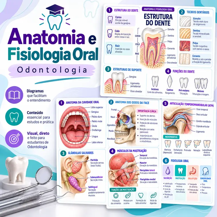 Mapas de anatomia e fisiologia oral: estrutura do dente, tecidos dentários, cavidade oral, ossos da face, glândulas salivares, músculos da mastigação e ATM